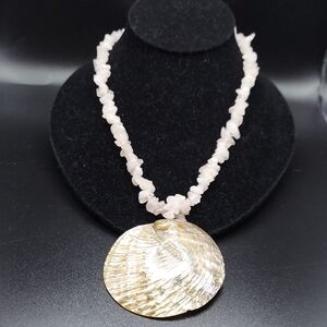Rose Quartz Vtg Necklace with Shell Pendant 2.25", GC, 8.5".
